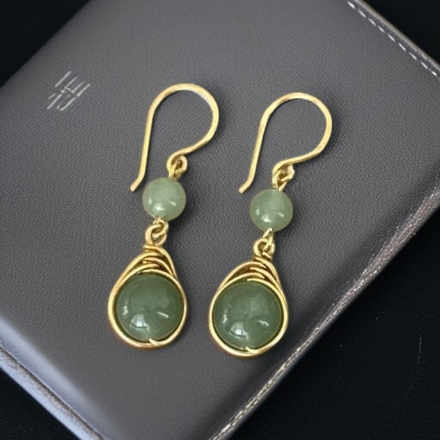 Aventurin Doğal Taş Tel Sarma Gümüş Altın Yaldız Kaplama Küpe