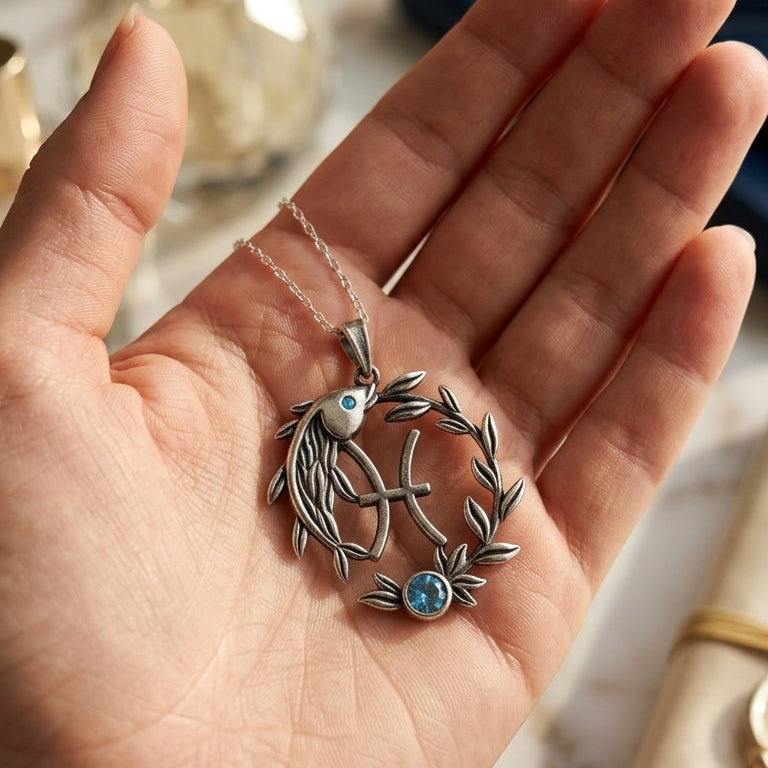 Balık Burcu Kolyesi – Aquamarine Zirkon Taşlı