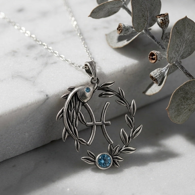 Balık Burcu Kolyesi – Aquamarine Zirkon Taşlı