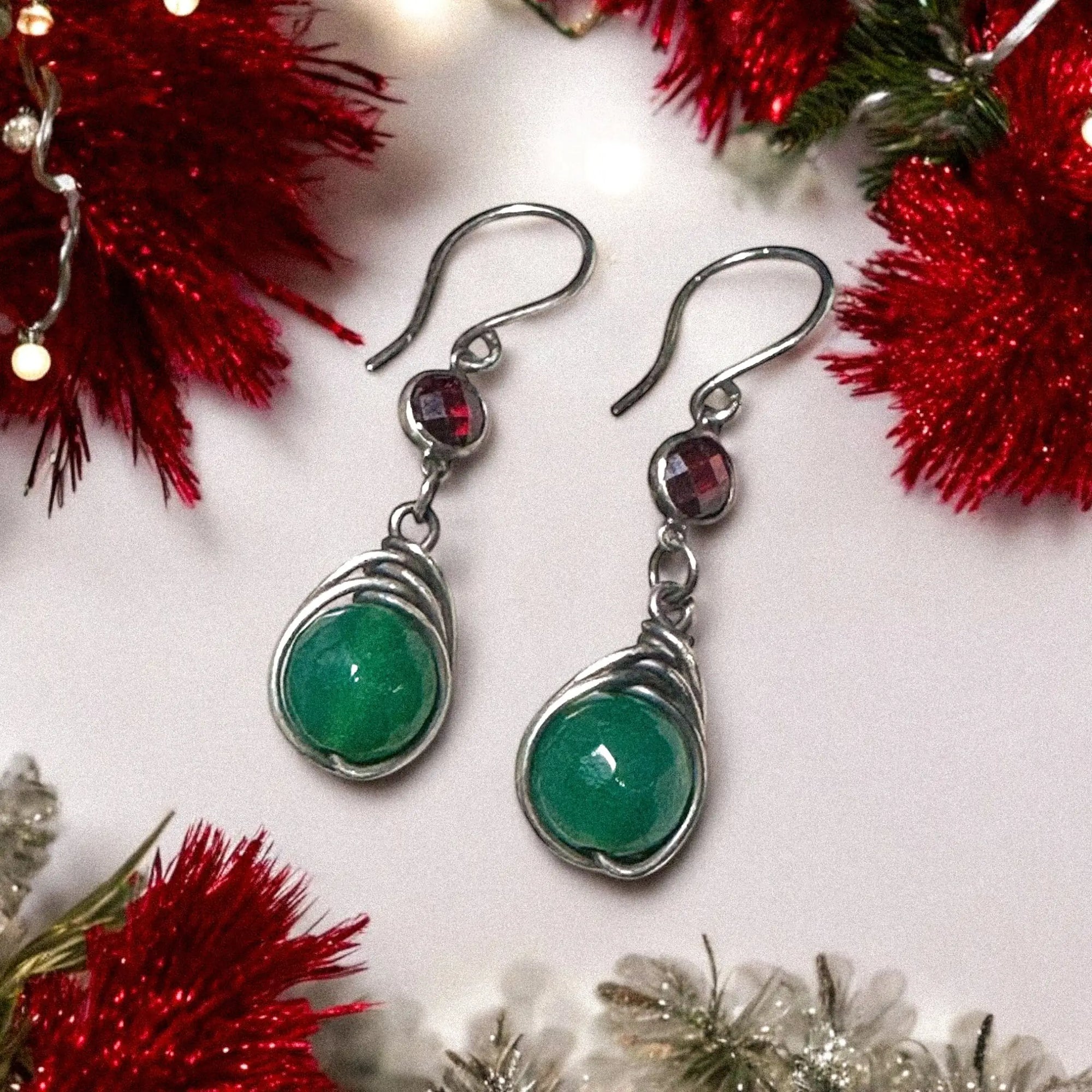 Yeşil Ceyt & Zirkon Doğal Taş Gümüş Tel Sarma Küpe