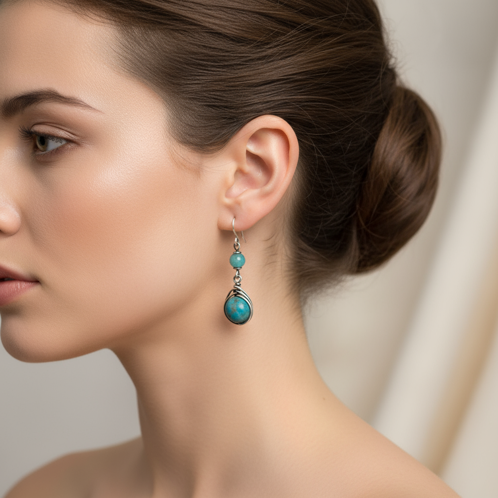 Gümüş Tel Sarma Apatit Doğal Taş Küpe