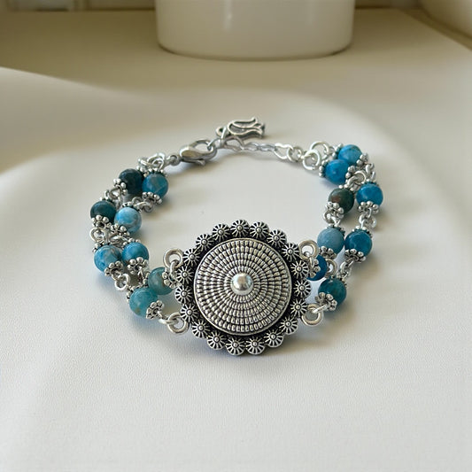 Apatit Doğal Taş Gümüş Kaplama Etnik Bileklik