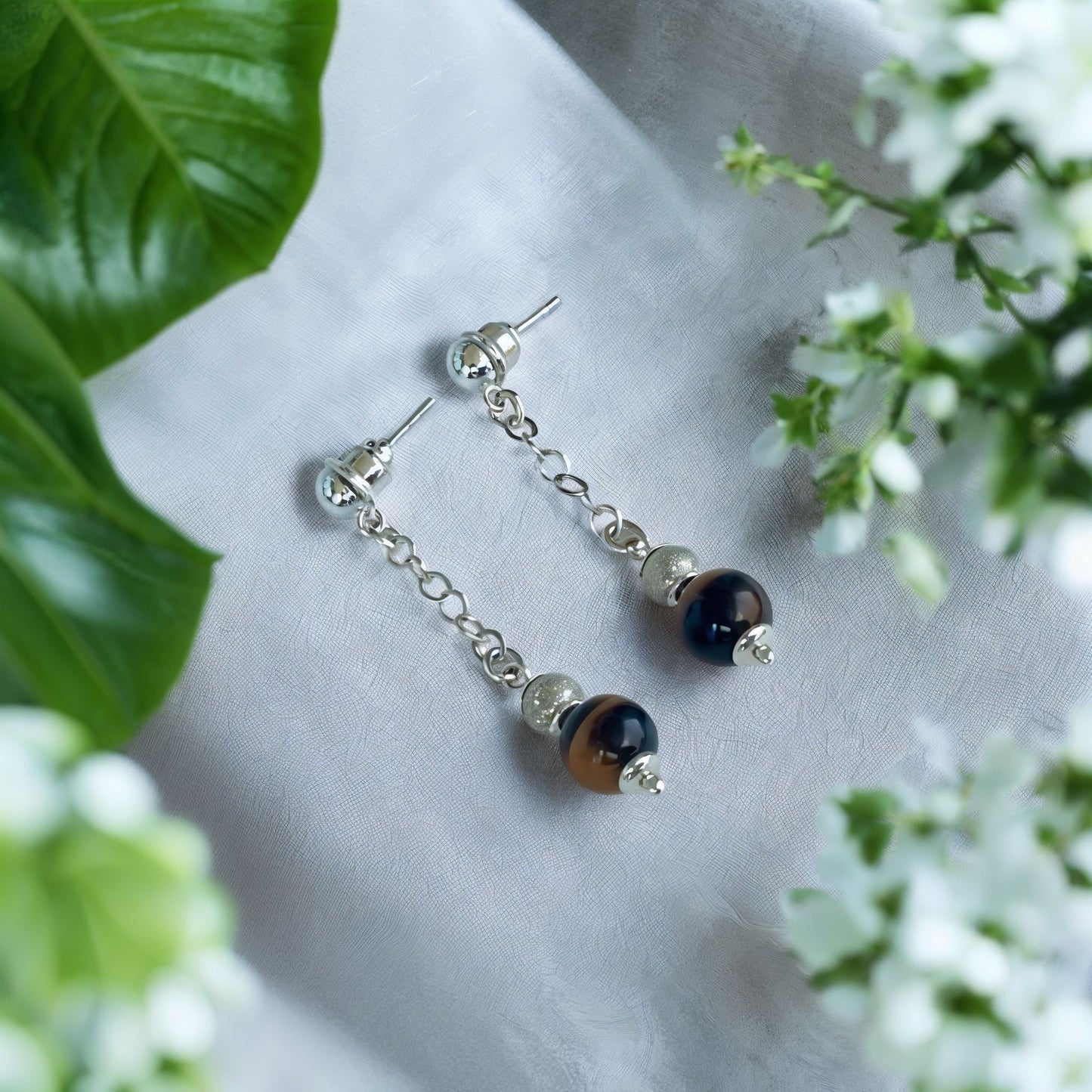 925 Ayar Gümüş Kaplan Gözü Doğal Taş Detaylı El Yapımı Küpe