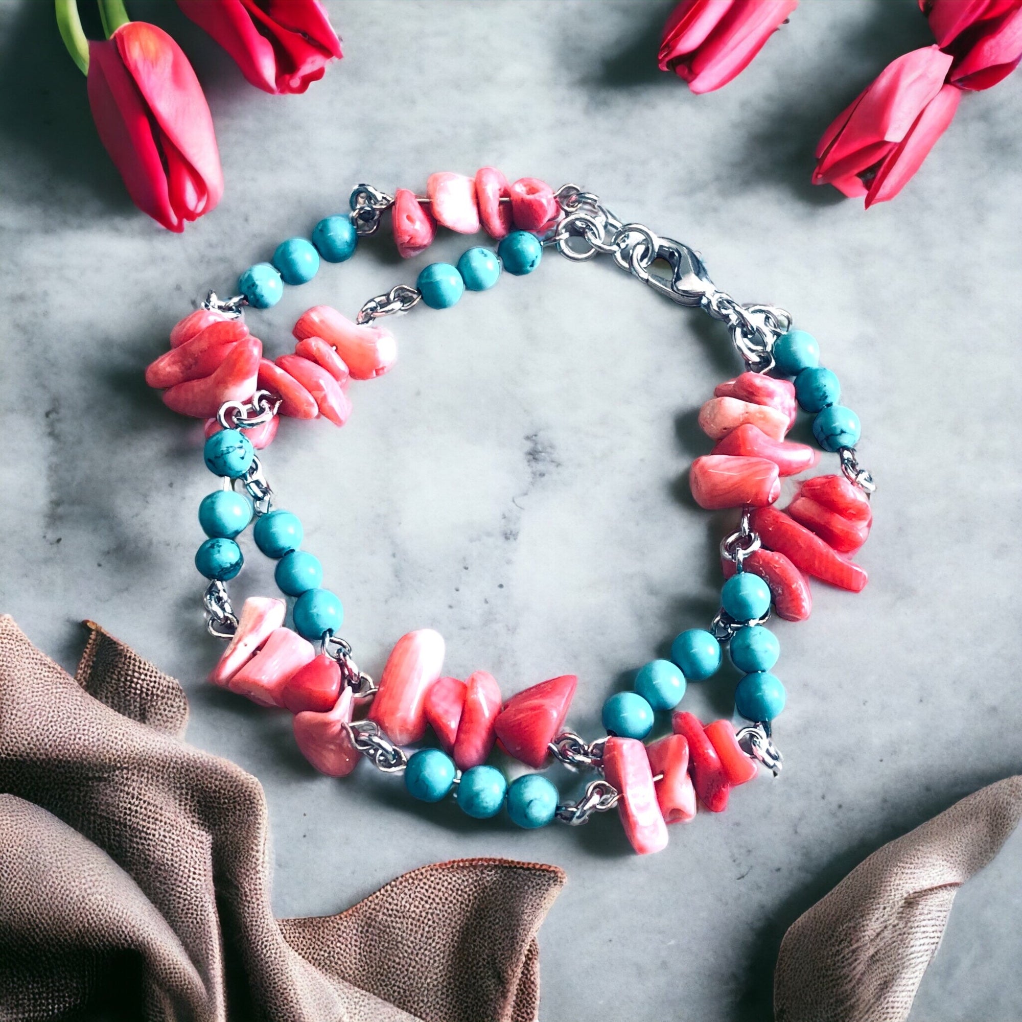 Turkuaz & Pembe Mercan Doğal Taş Bileklik