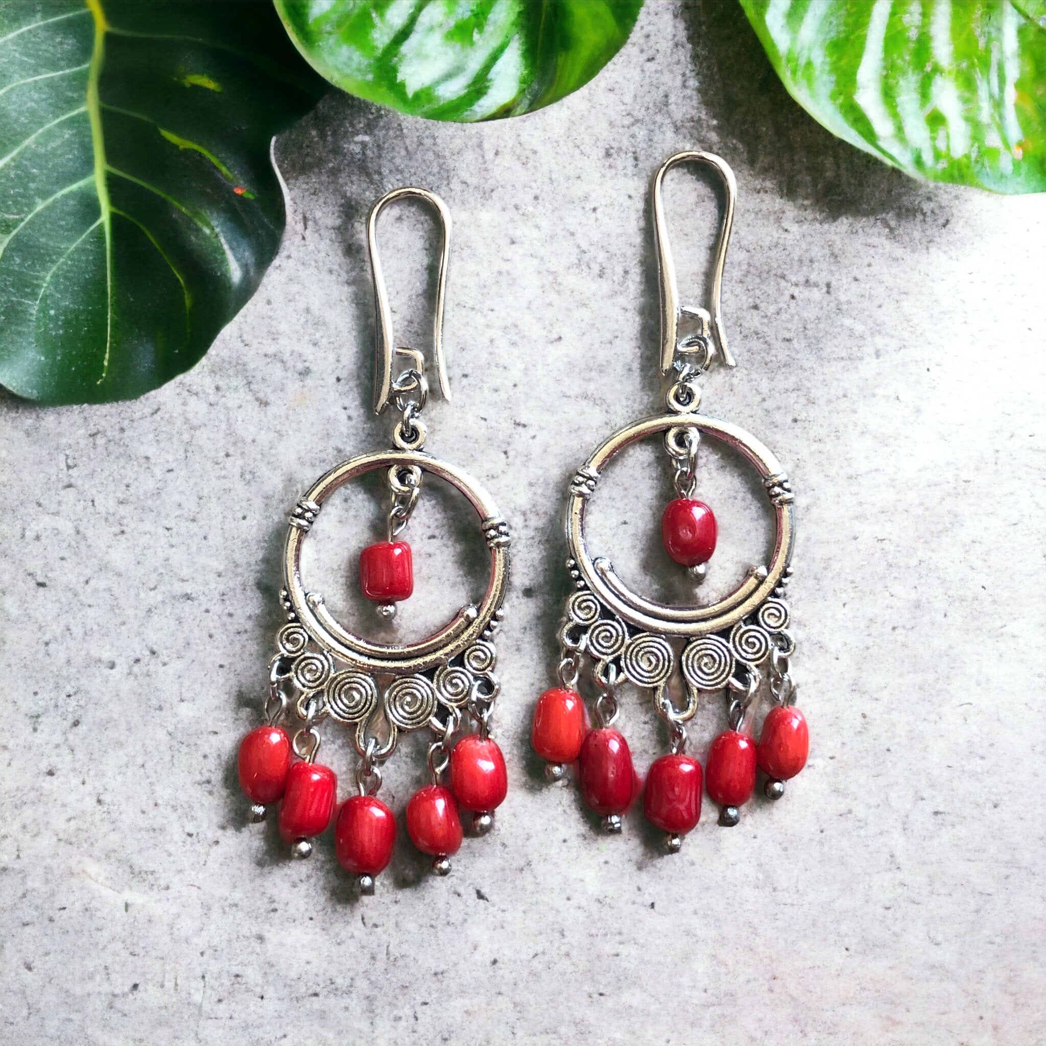 Red Coral Natural Stone Retro Ethnic Earrings