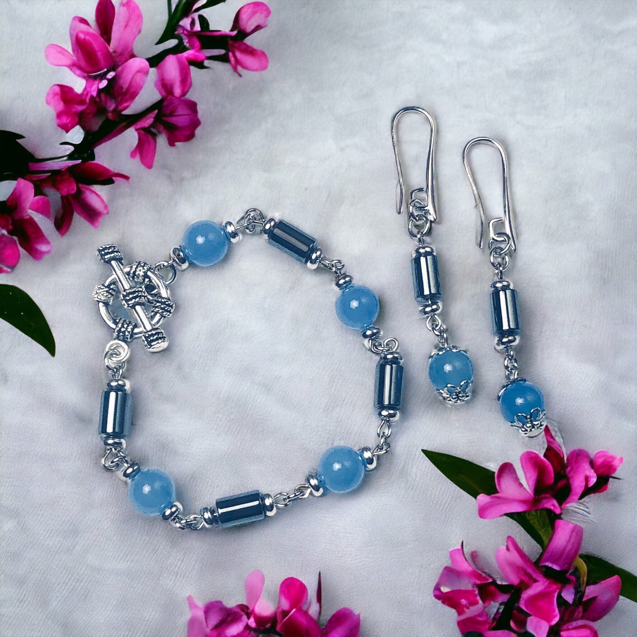 Mavi Ceyt & Hematit Doğal Taş Bileklik , Küpe