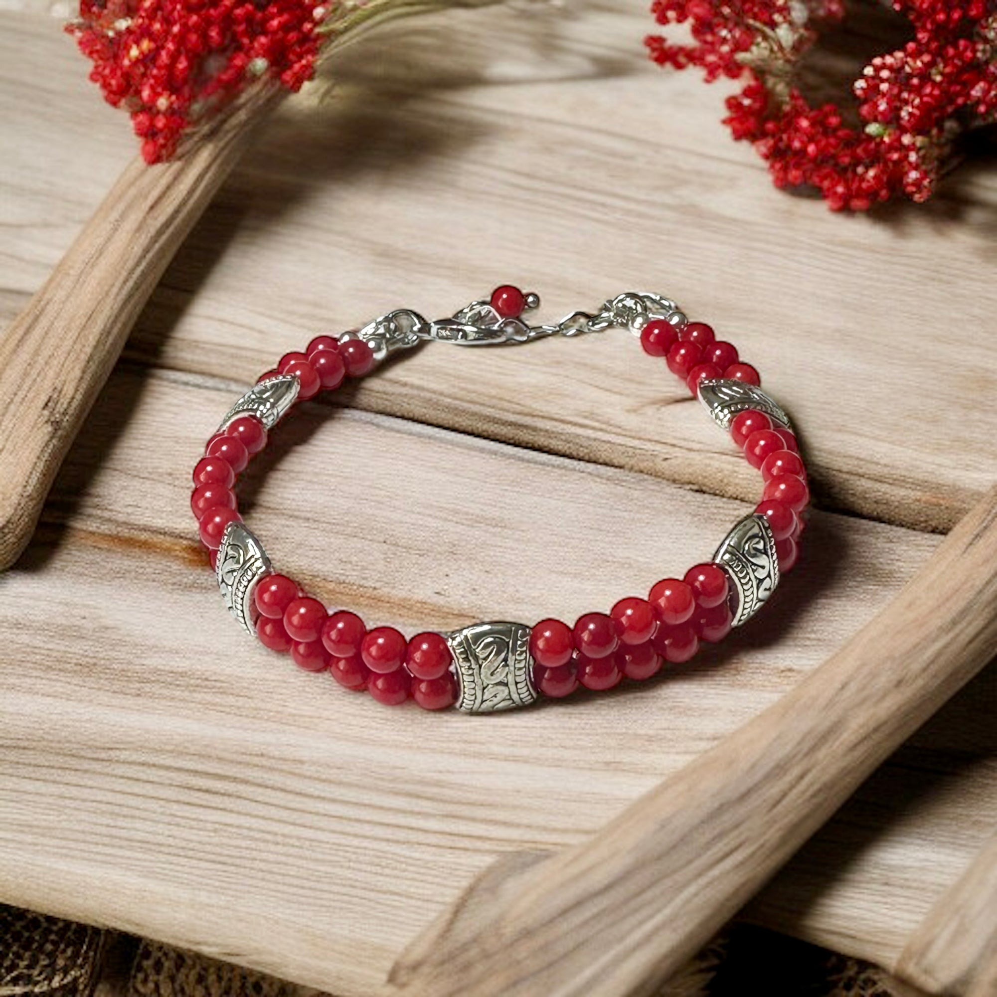 Kırmızı Mercan Dizi Doğal Taş Gümüş Kaplama Bileklik