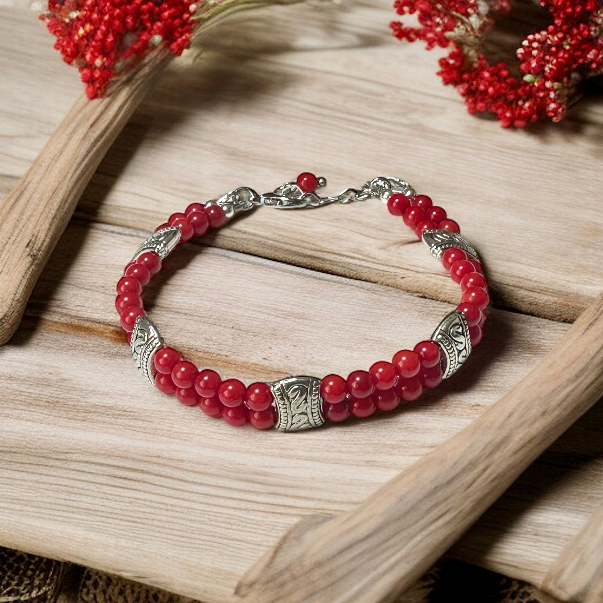 Kırmızı Mercan Dizi Doğal Taş Gümüş Kaplama Bileklik